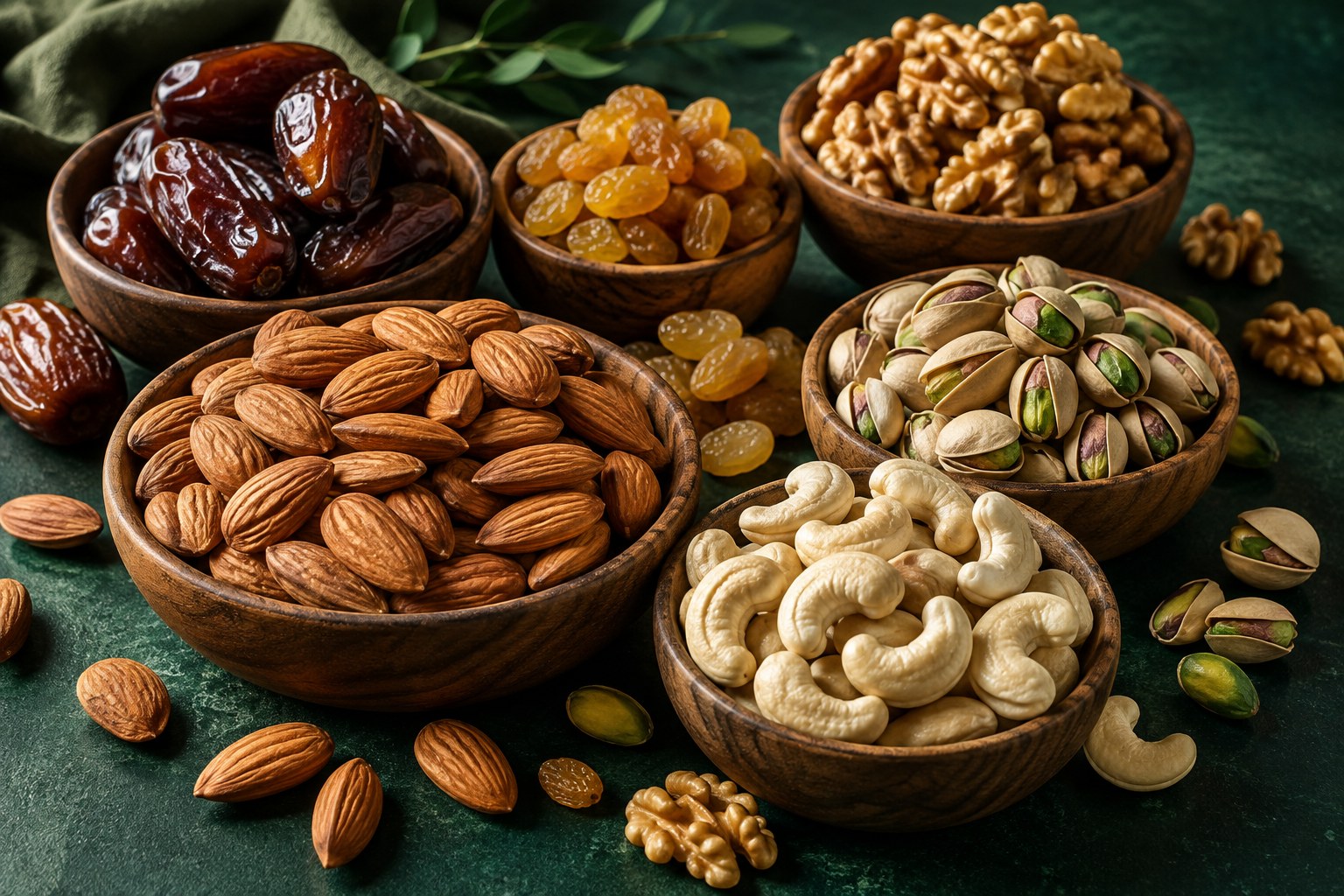An abundant assortment of almonds, cashews, pistachios, walnuts, dates and raisins in wooden bowls